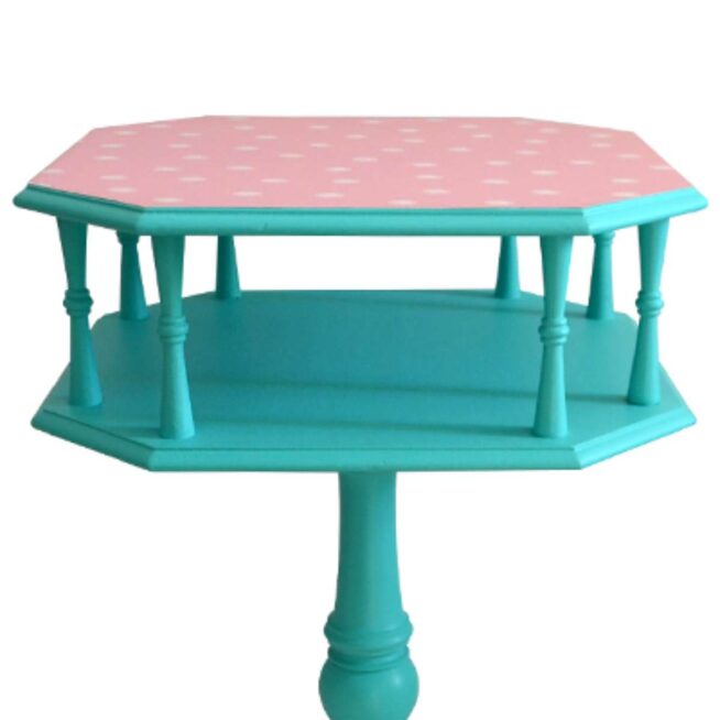 Mesa vintage restaurada verde rosa con lunares - Imagen 2